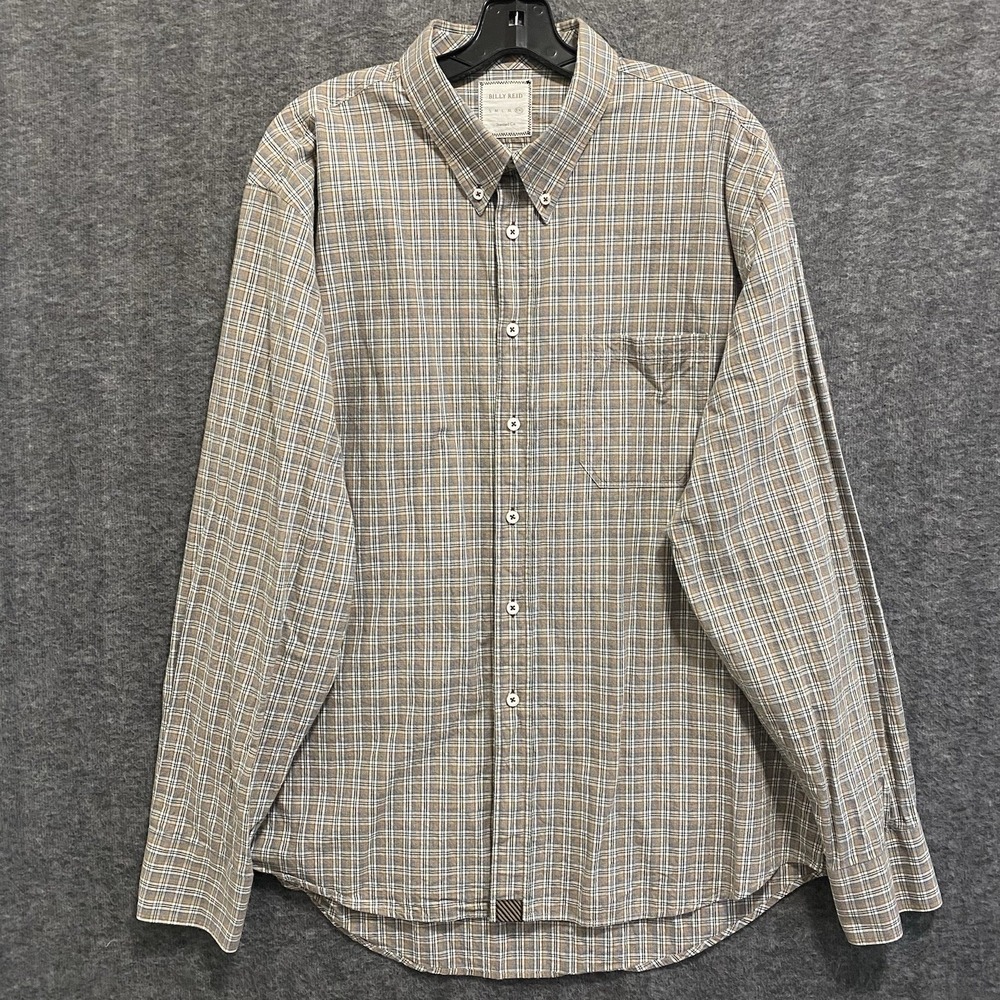 Billy Reid Shirt Mens 2XL XXL Brown Plaid Standard Cut Button Long Sleeve Preppy